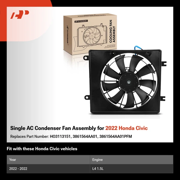 Single AC Condenser Fan Assembly for 2022 Honda Civic