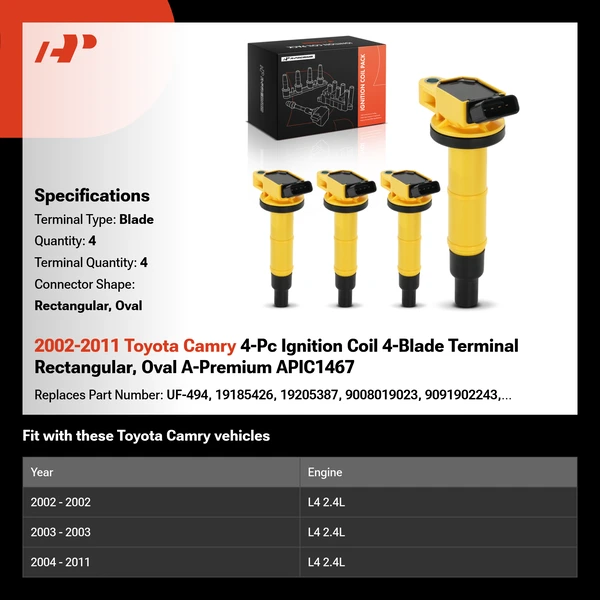 2002-2011 Toyota Camry 4-Pc Ignition Coil 4-Blade Terminal Rectangular, Oval A-Premium APIC1467