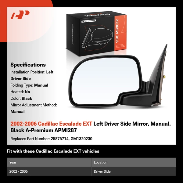 2002-2006 Cadillac Escalade EXT Left Driver Side Mirror, Manual, Black A-Premium APMI287