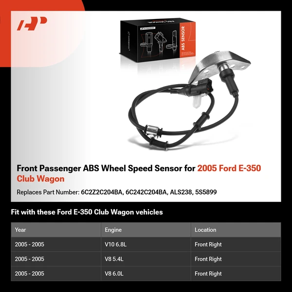 Front Passenger ABS Wheel Speed Sensor for 2005 Ford E-350 Club Wagon