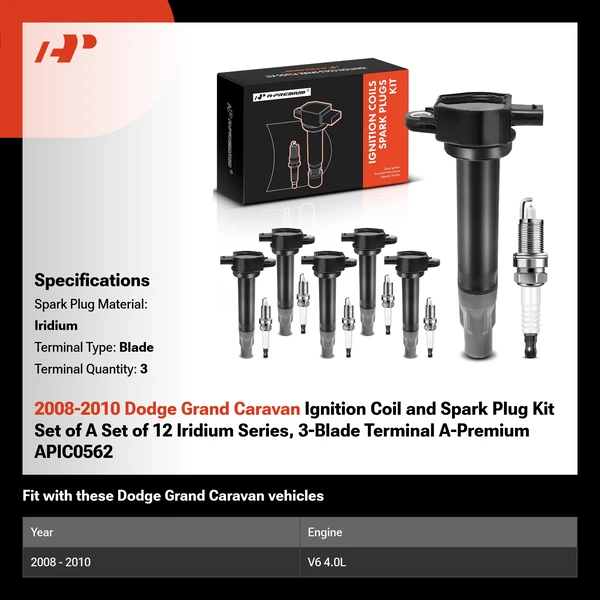 2008-2010 Dodge Grand Caravan Ignition Coil and Spark Plug Kit Set of A Set of 12 Iridium Series, 3-Blade Terminal A-Premium APIC0562