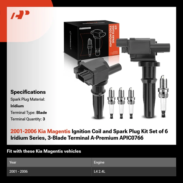 2001-2006 Kia Magentis Ignition Coil and Spark Plug Kit Set of 6 Iridium Series, 3-Blade Terminal A-Premium APIC0766