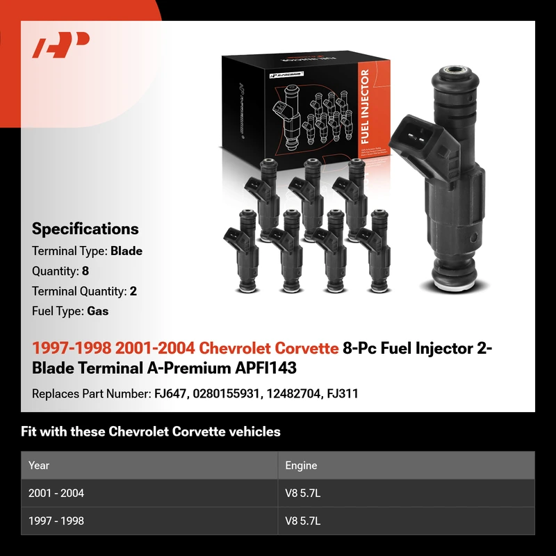 1997-1998 2001-2004 Chevrolet Corvette 8-Pc Fuel Injector 2-Blade Terminal A-Premium APFI143