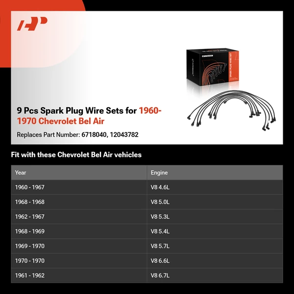 9 Pcs Spark Plug Wire Sets for 1960-1970 Chevrolet Bel Air