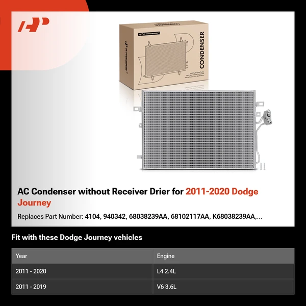 AC Condenser without Receiver Drier for 2011-2020 Dodge Journey