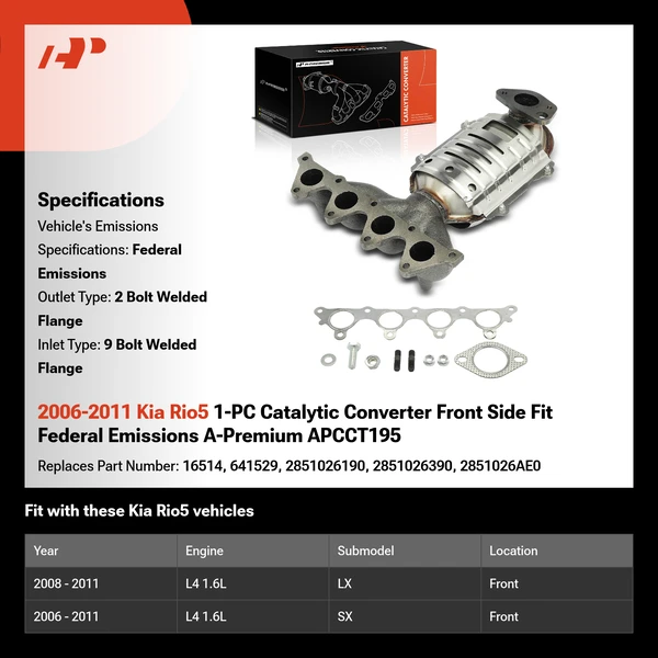 2006-2011 Kia Rio5 1-PC Catalytic Converter Front Side Fit Federal Emissions A-Premium APCCT195