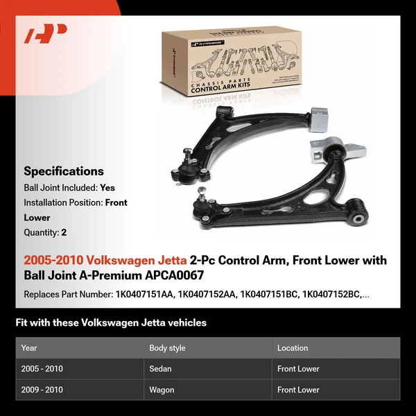 2005-2010 Volkswagen Jetta 2-Pc Control Arm, Front Lower with Ball Joint A-Premium APCA0067
