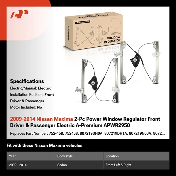 2009-2014 Nissan Maxima 2-Pc Power Window Regulator Front Driver & Passenger Electric A-Premium APWR2950