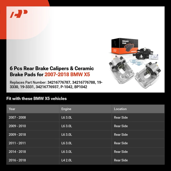 6 Pcs Rear Brake Calipers & Ceramic Brake Pads for 2007-2018 BMW X5