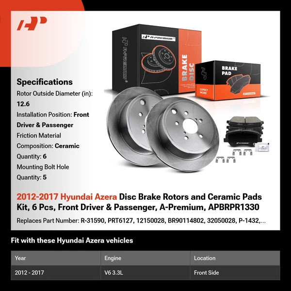 2012-2017 Hyundai Azera Disc Brake Rotors and Ceramic Pads Kit, 6 Pcs, Front Driver & Passenger, A-Premium, APBRPR1330