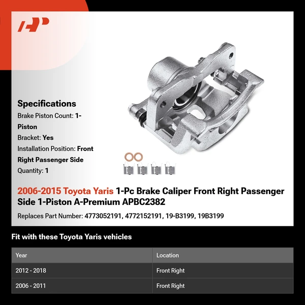 2006-2015 Toyota Yaris 1-Pc Brake Caliper Front Right Passenger Side 1-Piston A-Premium APBC2382