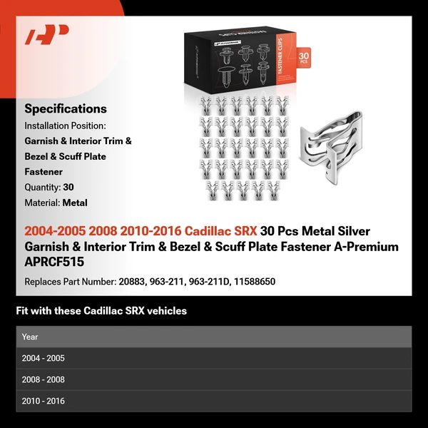 2004-2005 2008 2010-2016 Cadillac SRX 30 Pcs Metal Silver Garnish & Interior Trim & Bezel & Scuff Plate Fastener A-Premium APRCF515