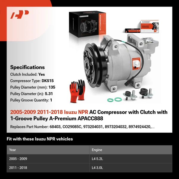 2005-2009 2011-2018 Isuzu NPR AC Compressor with Clutch with 1-Groove Pulley A-Premium APACC888