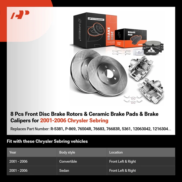 8 Pcs Front Disc Brake Rotors & Ceramic Brake Pads & Brake Calipers for 2001-2006 Chrysler Sebring