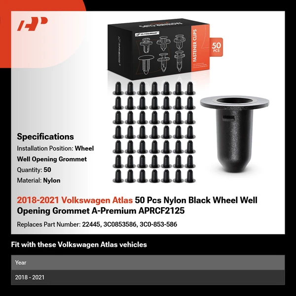 2018-2021 Volkswagen Atlas 50 Pcs Nylon Black Wheel Well Opening Grommet A-Premium APRCF2125
