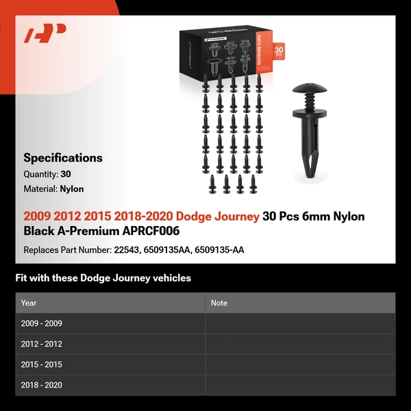 2009 2012 2015 2018-2020 Dodge Journey 30 Pcs 6mm Nylon Black A-Premium APRCF006