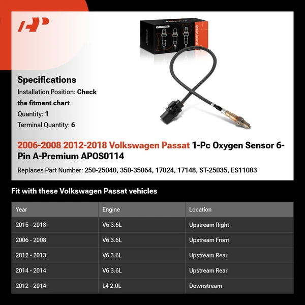 2006-2008 2012-2018 Volkswagen Passat 1-Pc Oxygen Sensor 6-Pin A-Premium APOS0114
