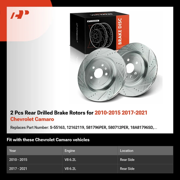 2 Pcs Rear Drilled Brake Rotors for 2010-2015 2017-2021 Chevrolet Camaro
