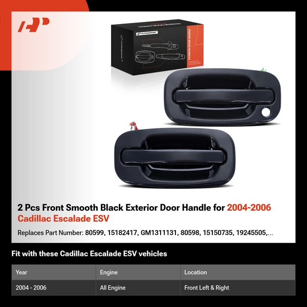 2 Pcs Front Smooth Black Exterior Door Handle for 2004-2006 Cadillac Escalade ESV