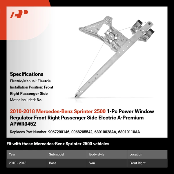 2010-2018 Mercedes-Benz Sprinter 2500 1-Pc Power Window Regulator Front Right Passenger Side Electric A-Premium APWR0452