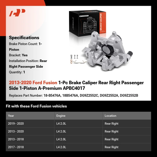 2013-2020 Ford Fusion 1-Pc Brake Caliper Rear Right Passenger Side 1-Piston A-Premium APBC4017