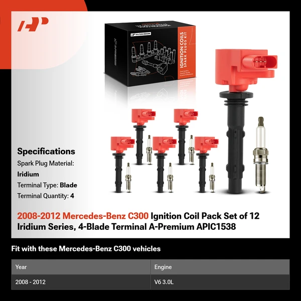 2008-2012 Mercedes-Benz C300 Ignition Coil Pack Set of 12 Iridium Series, 4-Blade Terminal A-Premium APIC1538
