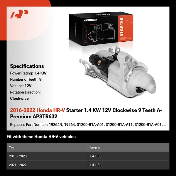2016-2022 Honda HR-V Starter 1.4 KW 12V Clockwise 9 Teeth A-Premium APSTR632