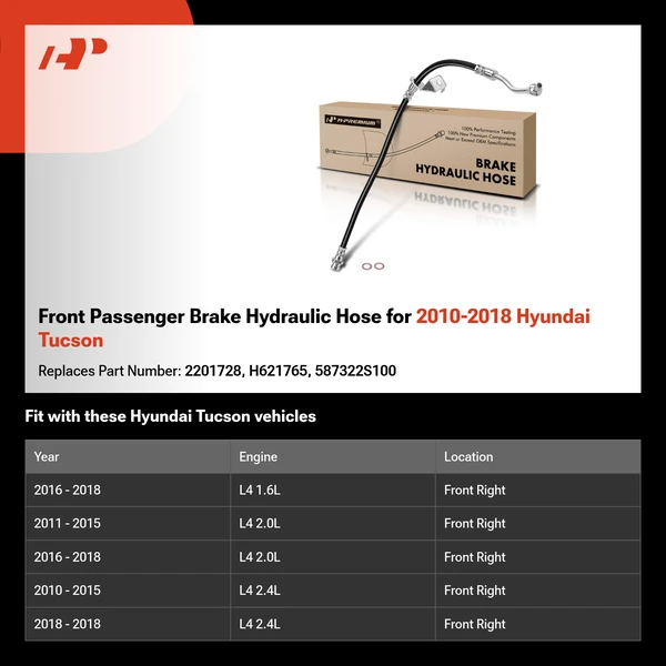 Front Passenger Brake Hydraulic Hose for 2010-2018 Hyundai Tucson