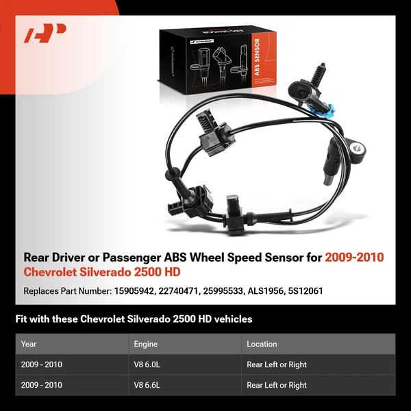 Rear Driver or Passenger ABS Wheel Speed Sensor for 2009-2010 Chevrolet Silverado 2500 HD