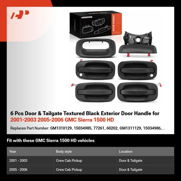 6 Pcs Door & Tailgate Textured Black Exterior Door Handle for 2001-2003 2005-2006 GMC Sierra 1500 HD