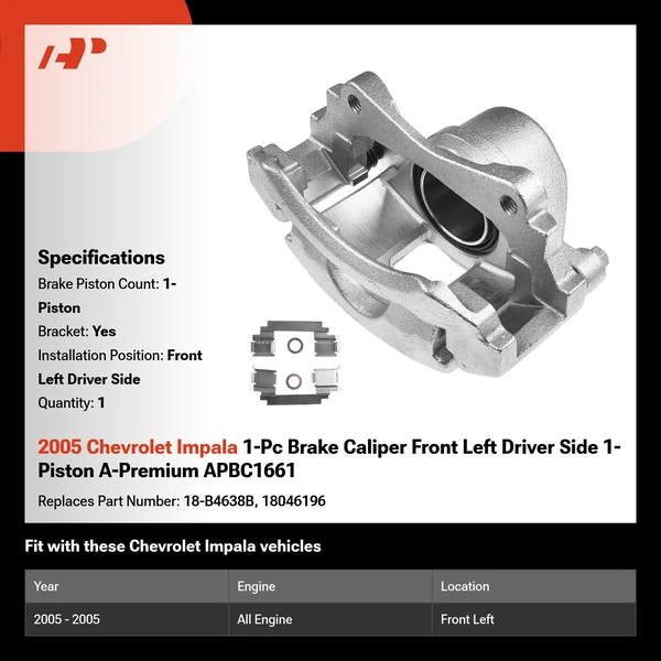 2005 Chevrolet Impala 1-Pc Brake Caliper Front Left Driver Side 1-Piston A-Premium APBC1661