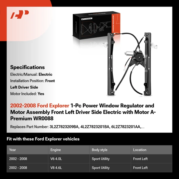 2002-2008 Ford Explorer 1-Pc Power Window Regulator and Motor Assembly Front Left Driver Side Electric with Motor A-Premium WR0088