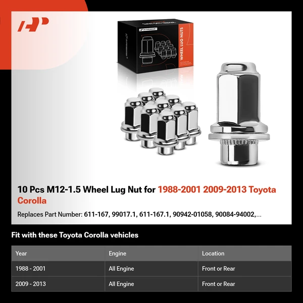 10 Pcs M12-1.5 Wheel Lug Nut for 1988-2001 2009-2013 Toyota Corolla