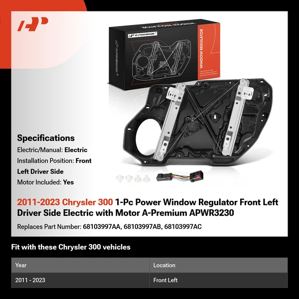 2011-2023 Chrysler 300 1-Pc Power Window Regulator Front Left Driver Side Electric with Motor A-Premium APWR3230
