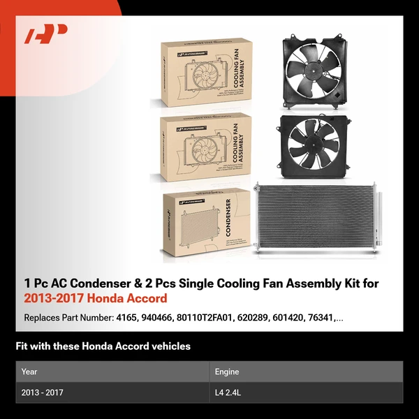 1 Pc AC Condenser & 2 Pcs Single Cooling Fan Assembly Kit for 2013-2017 Honda Accord