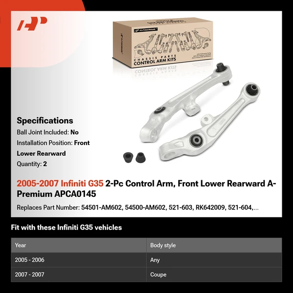 2005-2007 Infiniti G35 2-Pc Control Arm, Front Lower Rearward A-Premium APCA0145