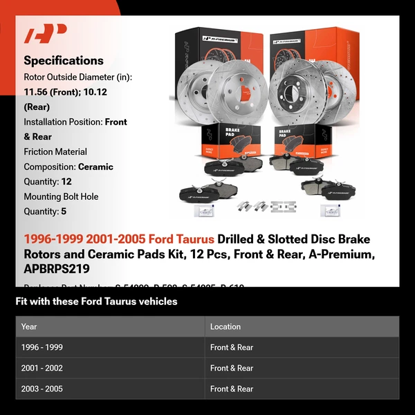 1996-1999 2001-2005 Ford Taurus Drilled & Slotted Disc Brake Rotors and Ceramic Pads Kit, 12 Pcs, Front & Rear, A-Premium, APBRPS219