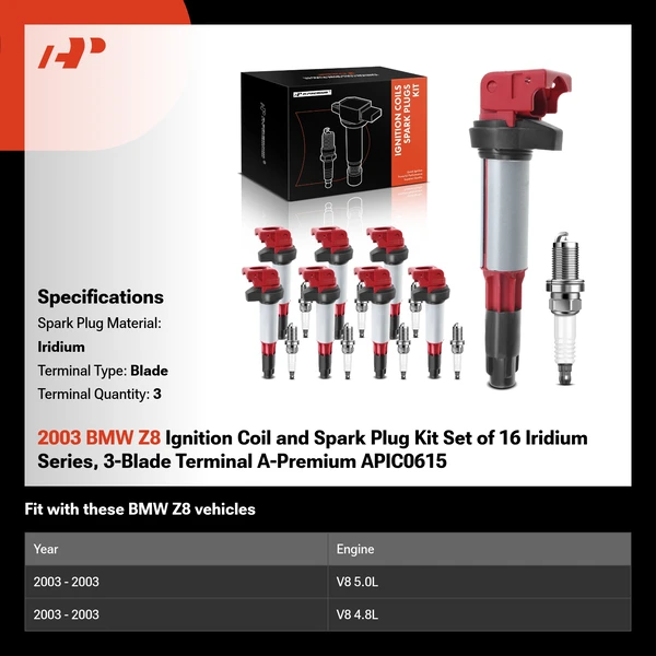 2003 BMW Z8 Ignition Coil and Spark Plug Kit Set of 16 Iridium Series, 3-Blade Terminal A-Premium APIC0615