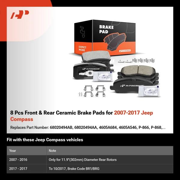 8 Pcs Front & Rear Ceramic Brake Pads for 2007-2017 Jeep Compass