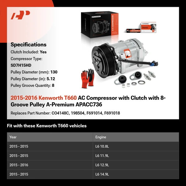 2015-2016 Kenworth T660 AC Compressor with Clutch with 8-Groove Pulley A-Premium APACC736