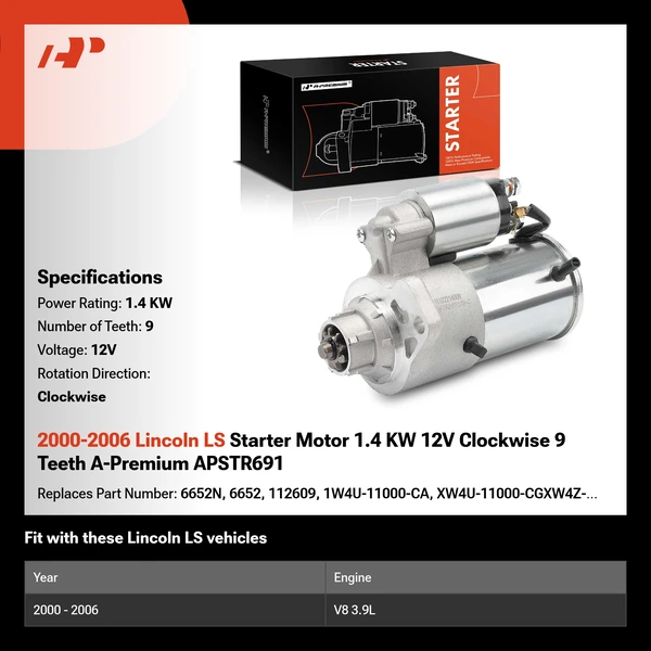 2000-2006 Lincoln LS Starter Motor 1.4 KW 12V Clockwise 9 Teeth A-Premium APSTR691