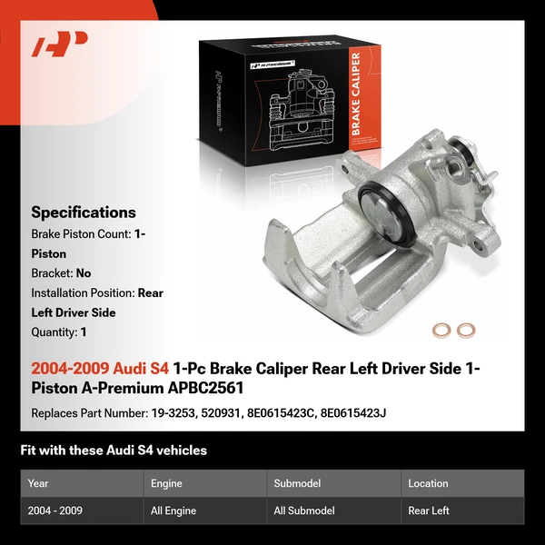 2004-2009 Audi S4 1-Pc Brake Caliper Rear Left Driver Side 1-Piston A-Premium APBC2561