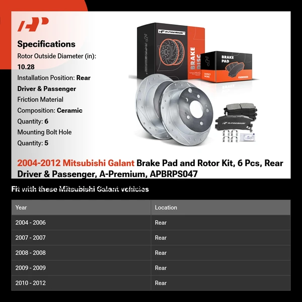 2004-2012 Mitsubishi Galant Brake Pad and Rotor Kit, 6 Pcs, Rear Driver & Passenger, A-Premium, APBRPS047