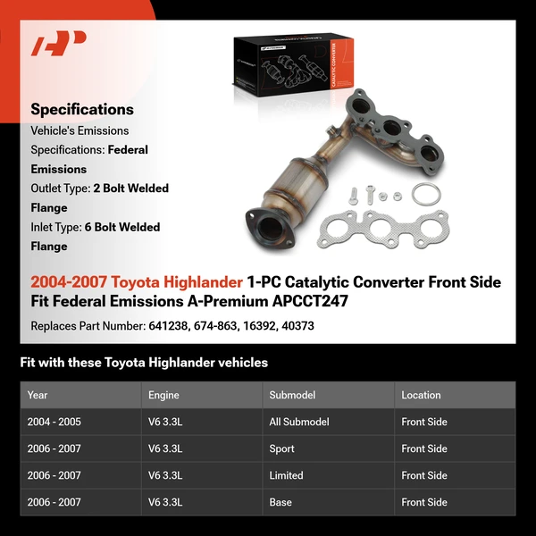 2004-2007 Toyota Highlander 1-PC Catalytic Converter Front Side Fit Federal Emissions A-Premium APCCT247