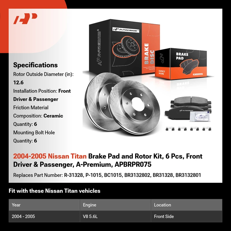 2004-2005 Nissan Titan Brake Pad and Rotor Kit, 6 Pcs, Front Driver & Passenger, A-Premium, APBRPR075
