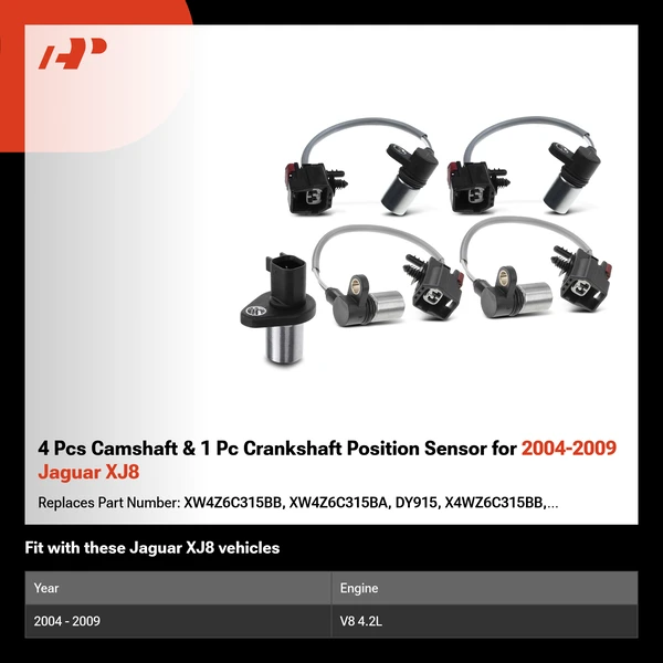 4 Pcs Camshaft & 1 Pc Crankshaft Position Sensor for 2004-2009 Jaguar XJ8