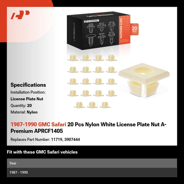 1987-1990 GMC Safari 20 Pcs Nylon White License Plate Nut A-Premium APRCF1405