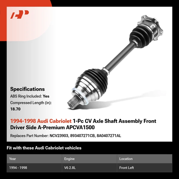 1994-1998 Audi Cabriolet 1-Pc CV Axle Shaft Assembly Front Driver Side A-Premium APCVA1500