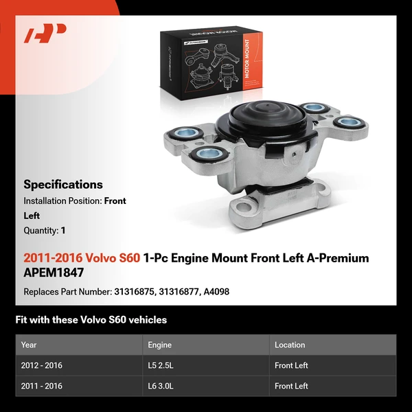 2011-2016 Volvo S60 1-Pc Engine Mount Front Left A-Premium APEM1847