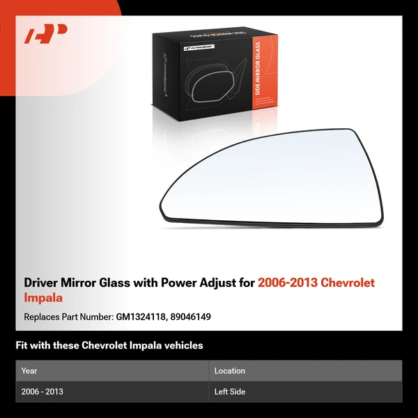 Driver Mirror Glass with Power Adjust for 2006-2013 Chevrolet Impala